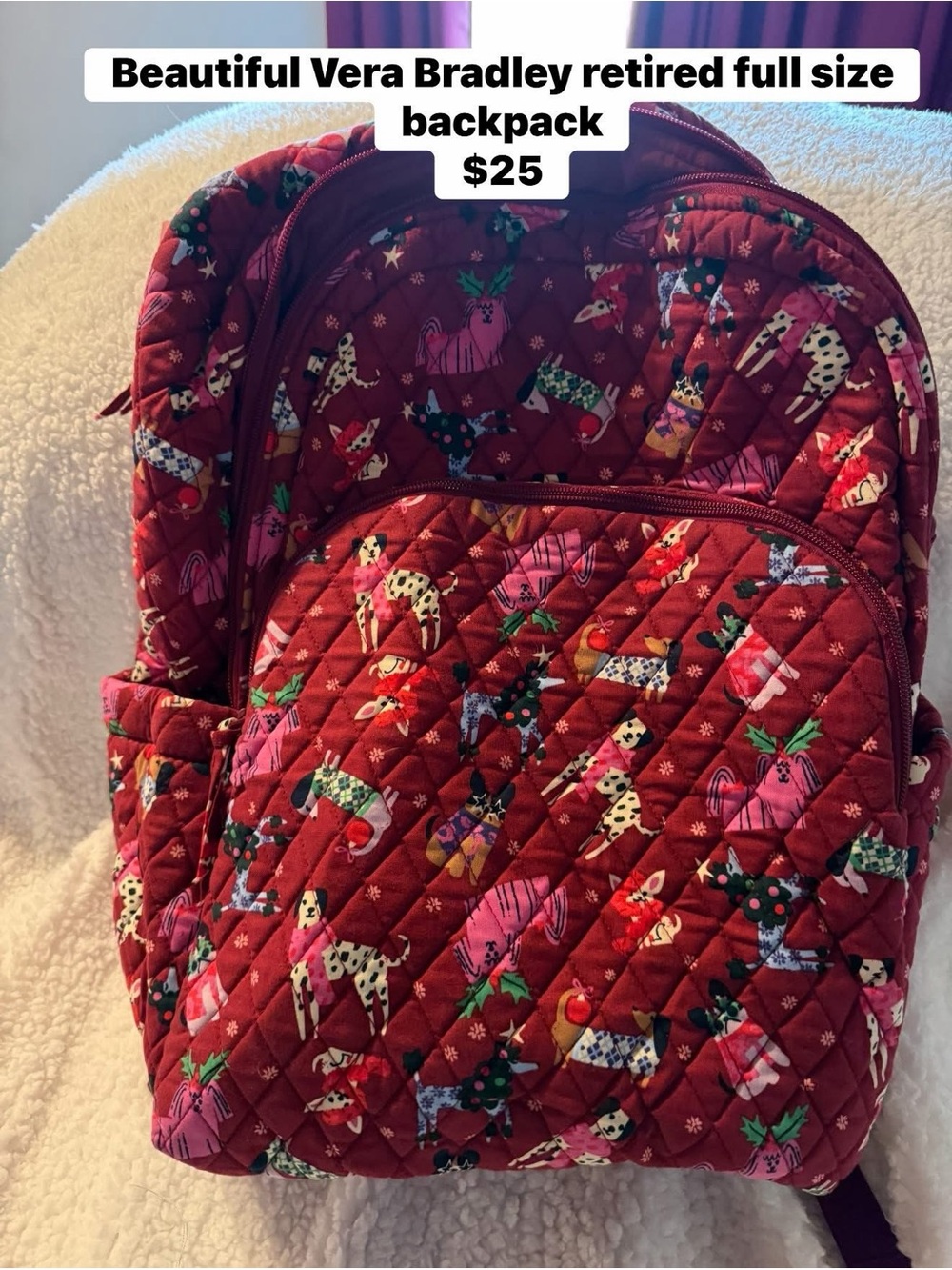 Vera Bradley Quilted Holiday Dog Print Backpack in Red
